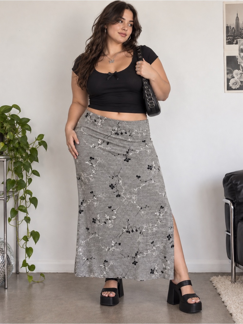 vintage 90s y2k silver floral stretch midi skirt grunge fairy whimsygoth L